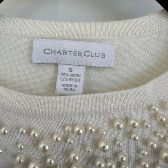 Charter Club Womens Pearl Beaded Embellished Cream Crew Neck Sweater Size Small - Picture 4 of 7